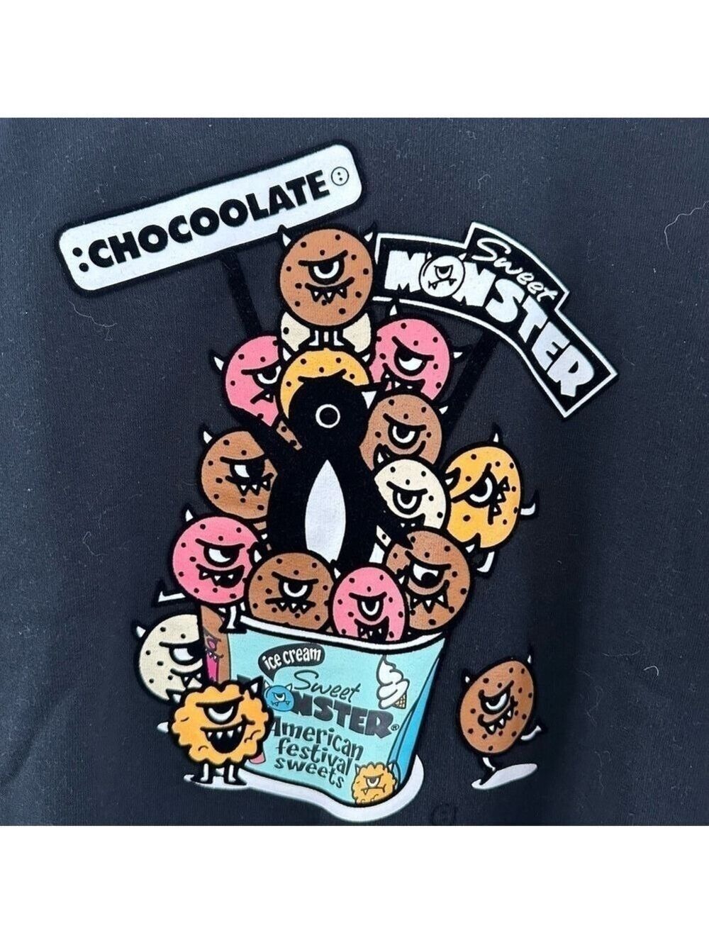 CHOCOOLATE SWEET MONSTER  BLACK FLOCKED SWEATSHIRT YOUTH SIZE MEDIUM